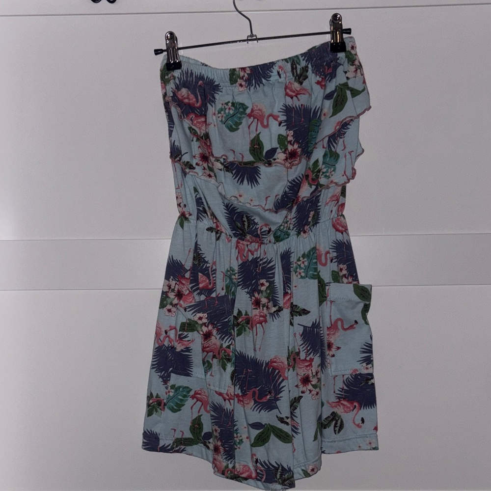 Strapless Light Blue Tropical Print Sundress